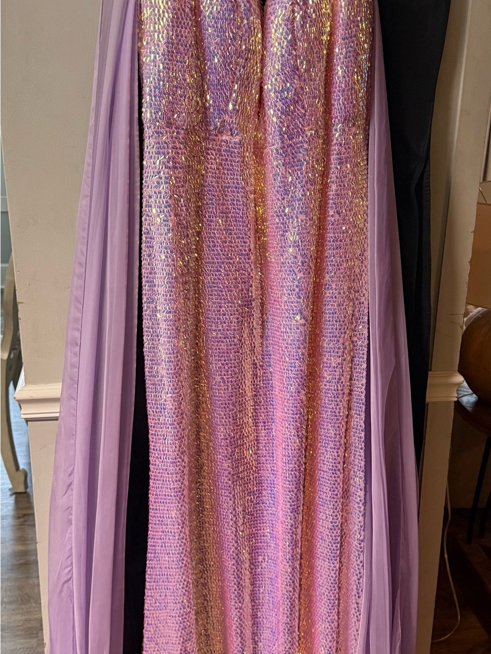 Johnathan Kayne Lilac Sequin Prom or Pageant Gown with Gold Iridescence